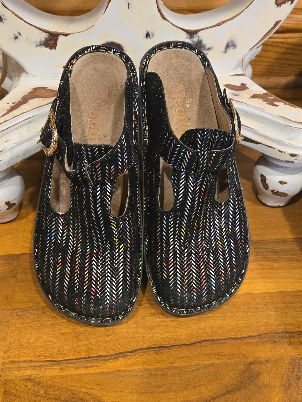 Alegria Black Multicolor Patterned Lesther Slip-On Clogs